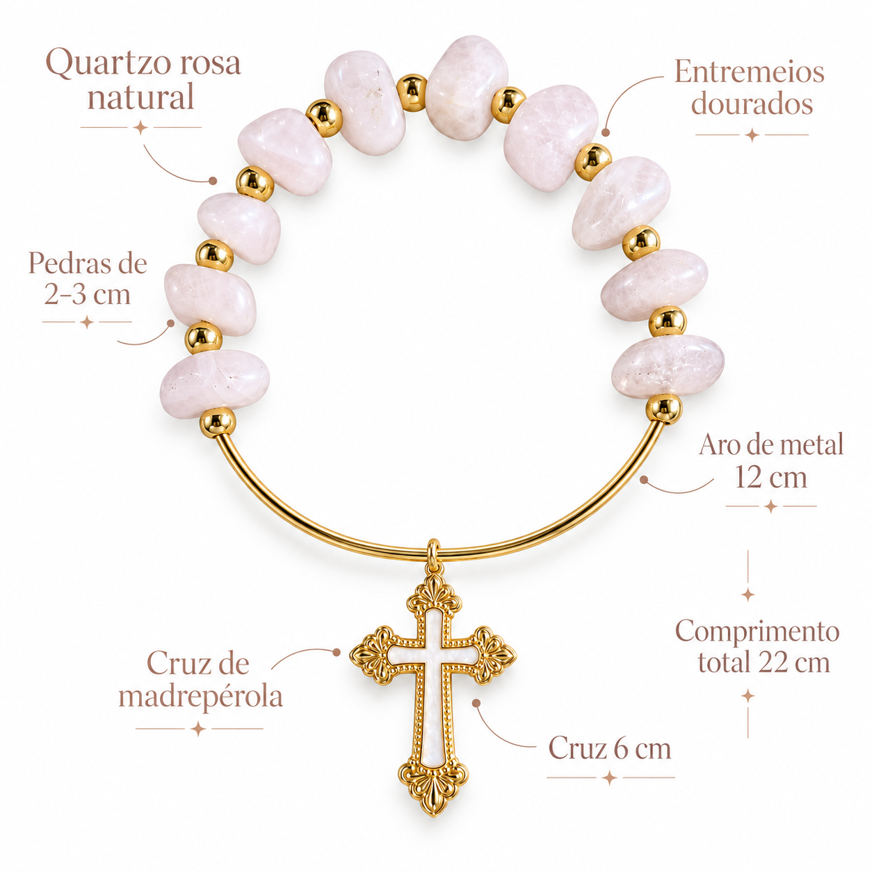 Terço Adorno Decorativo Quartzo Rosa com Cruz de Madrepérola