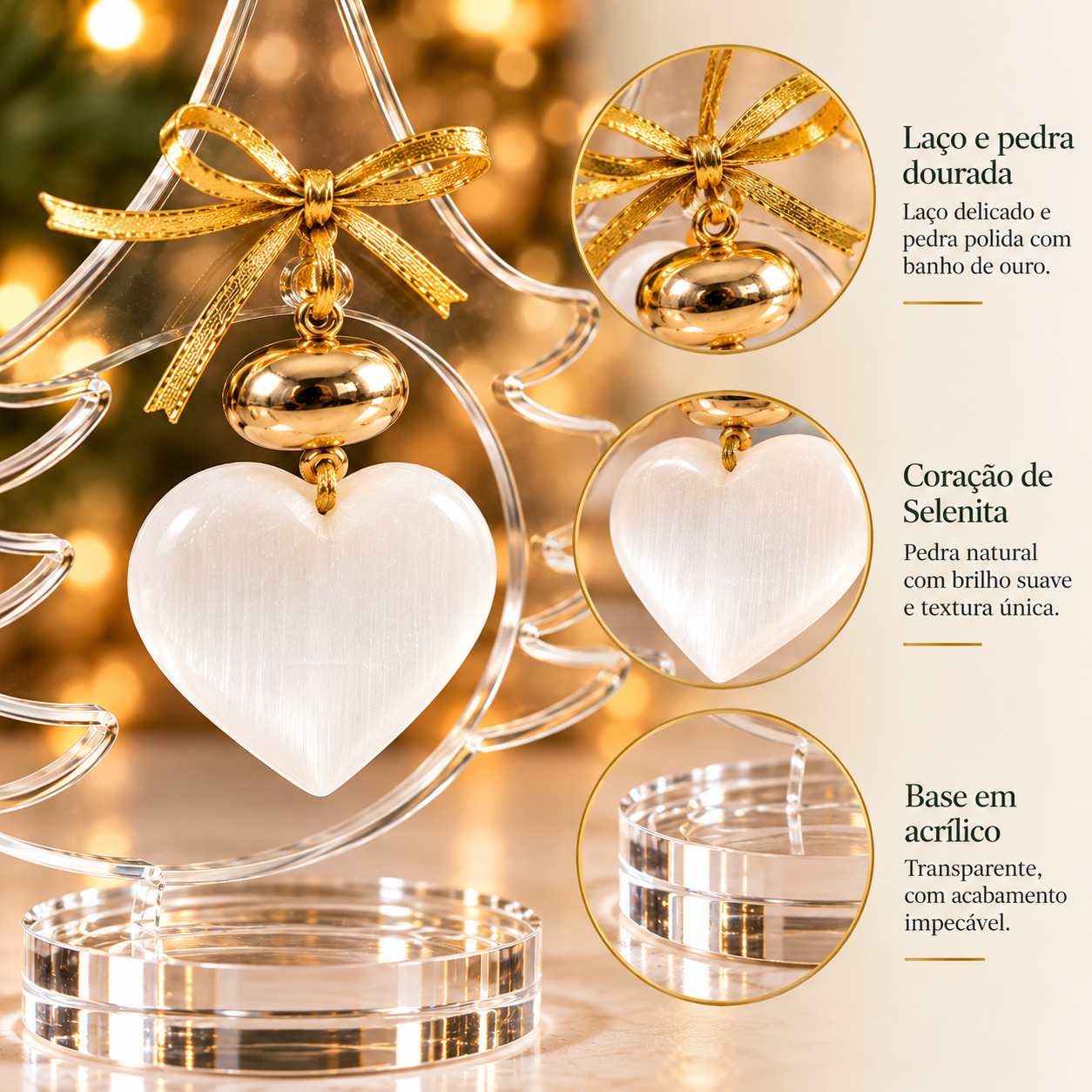 Árvore de Natal Decorativa em Acrílico com Coração de Selenita Natural 14 cm