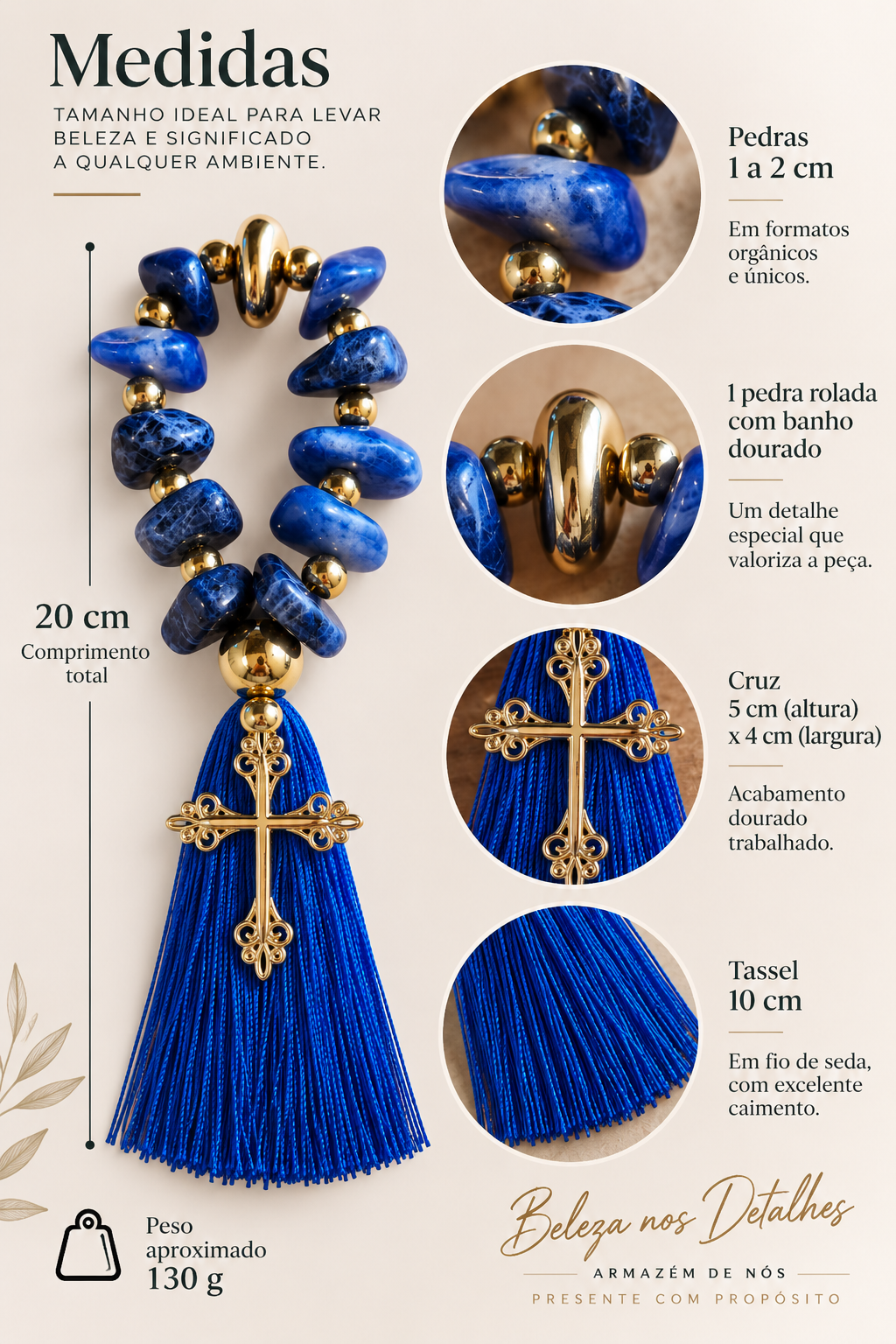 Mini Terço em Quartzo Azul com Tassel e Cruz Dourada AN251