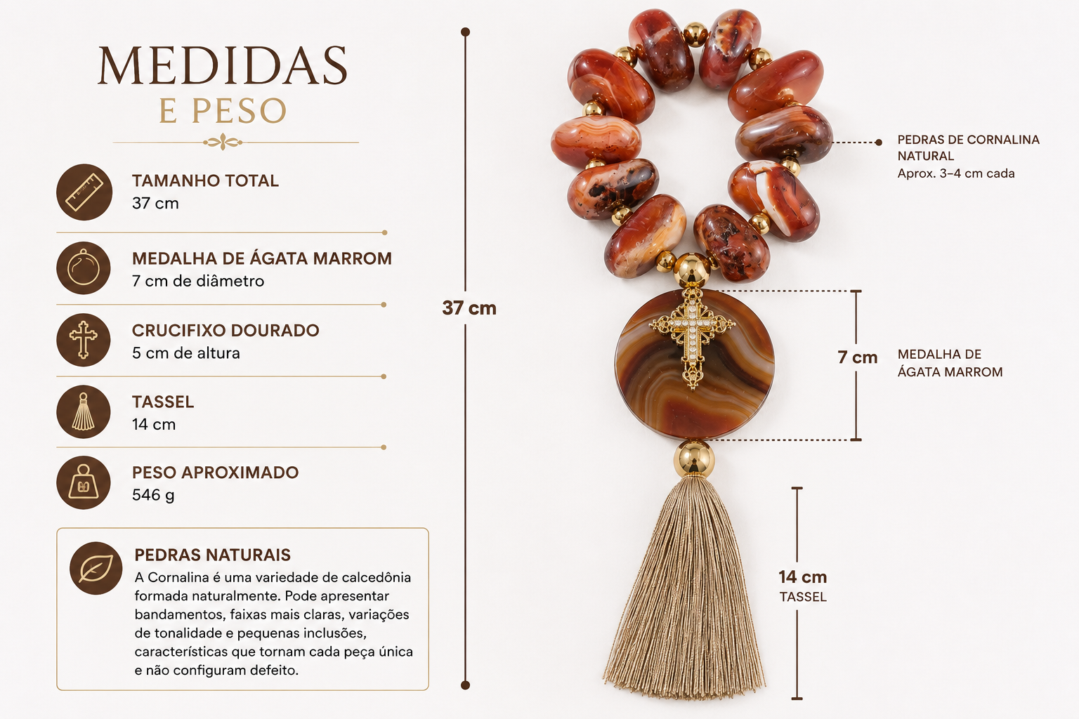 Terço Decorativo em Cornalina Natural com Ágata Marrom, Crucifixo Dourado e Tassel – 37 cm