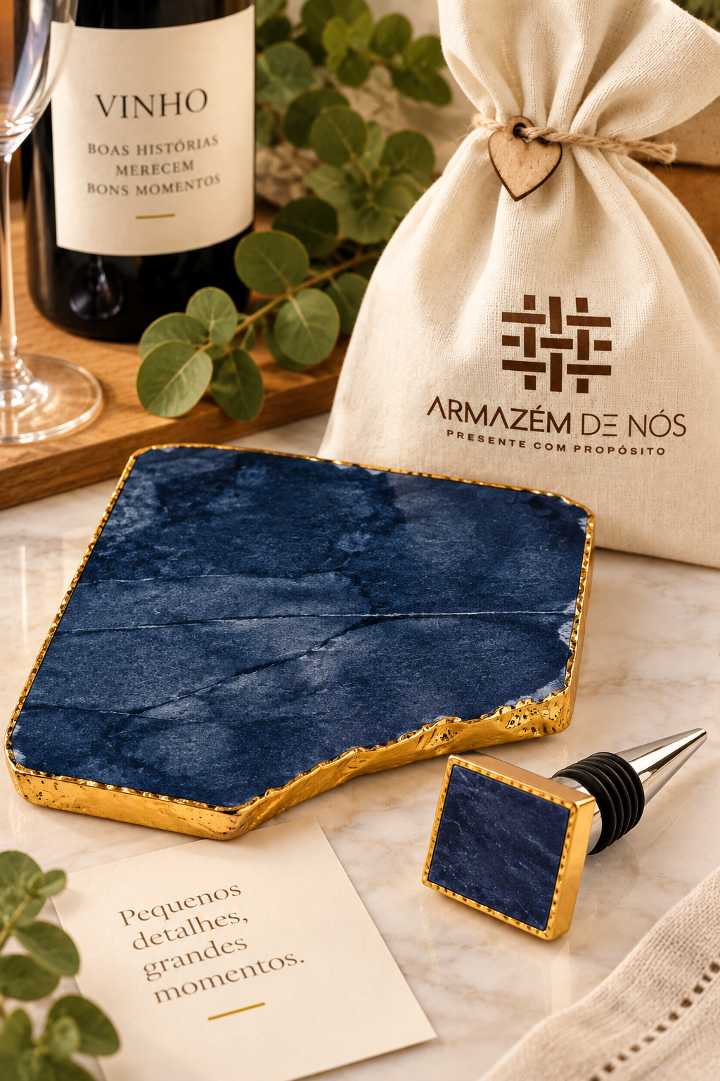Kit para Vinho em Pedra Natural Azul com Platter e Stopper – 2 Peças
