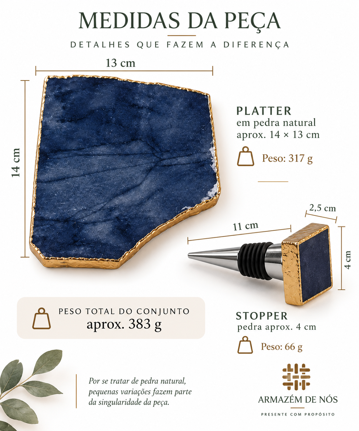 Kit para Vinho em Pedra Natural Azul com Platter e Stopper – 2 Peças