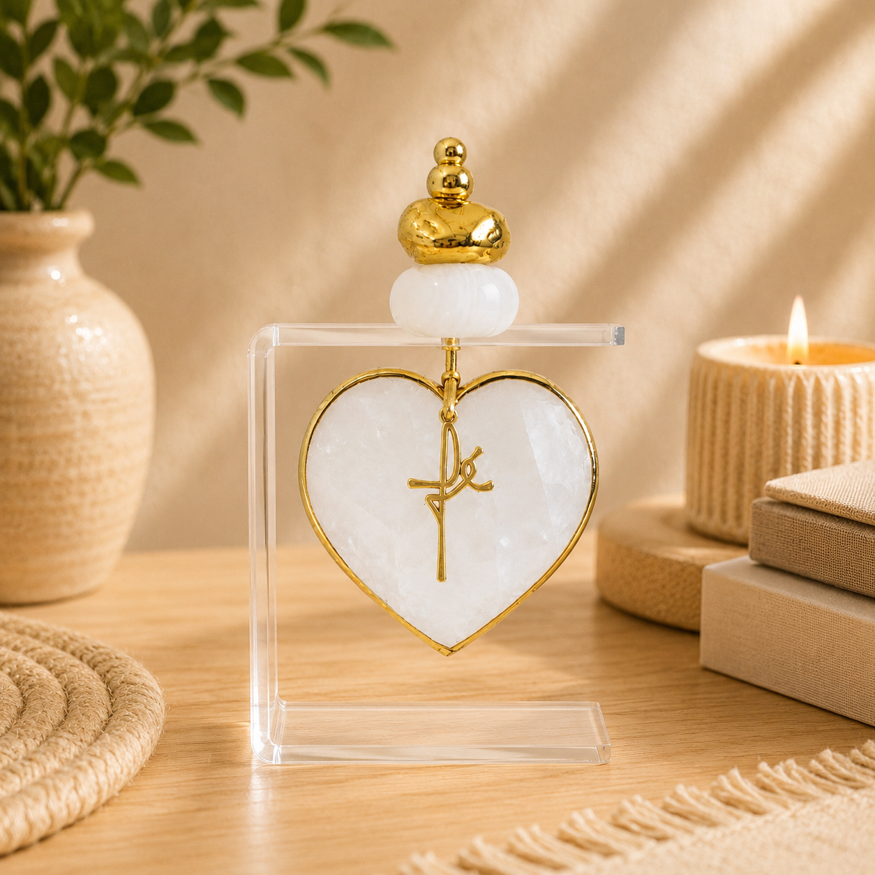 Coração Decorativo em Quartzo Branco com Símbolo Fé – Pedra Natural e Base em Acrílico