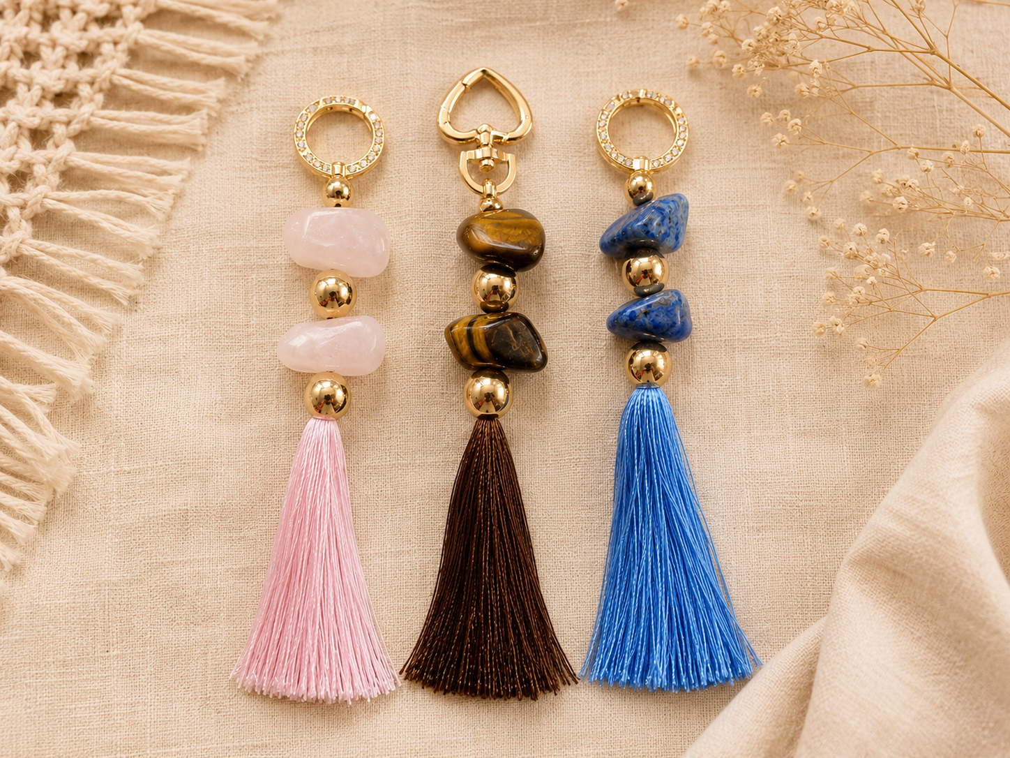 Chaveiro para Bolsa e Chaves com Pedra Natural e Tassel Artesanal