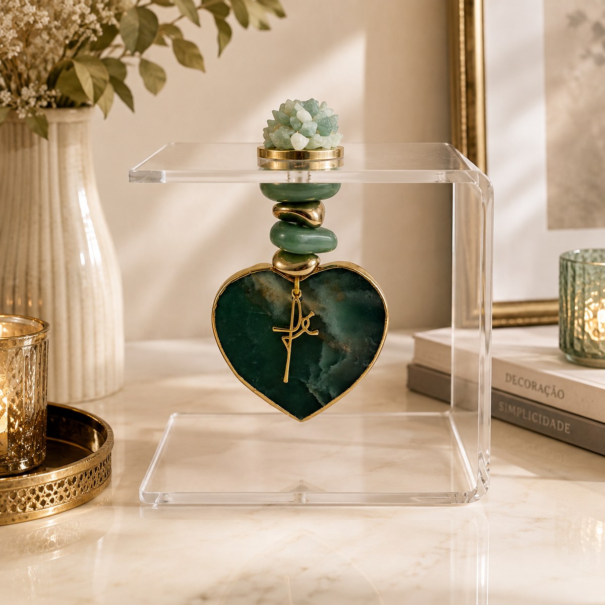 Suporte Decorativo Acrílico com Coração de Quartzo Verde Pedra Natural