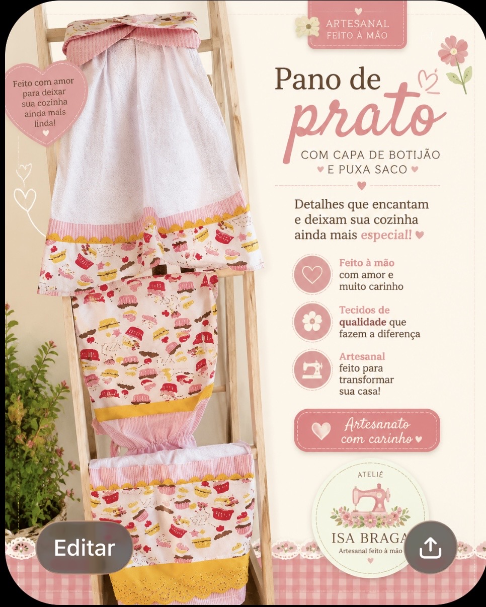 Kit 3 peças pano de prato,puxa saco,bate mão