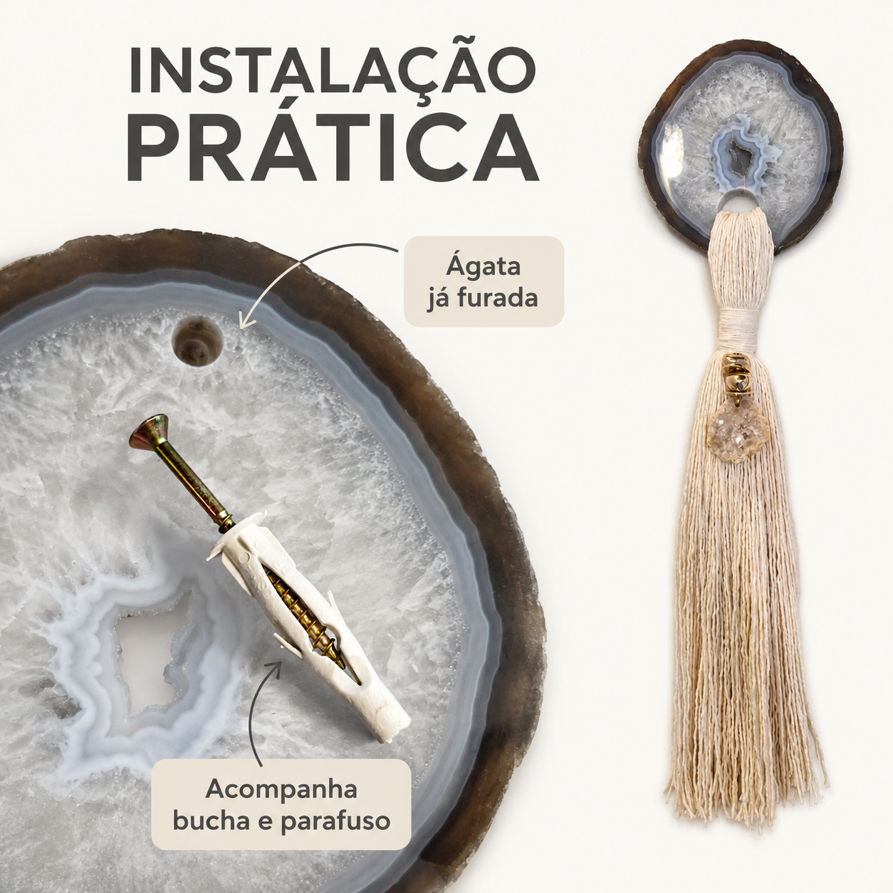 Decoração De Parede Tassel Boho Com Pedra Ágata Natural - AN236