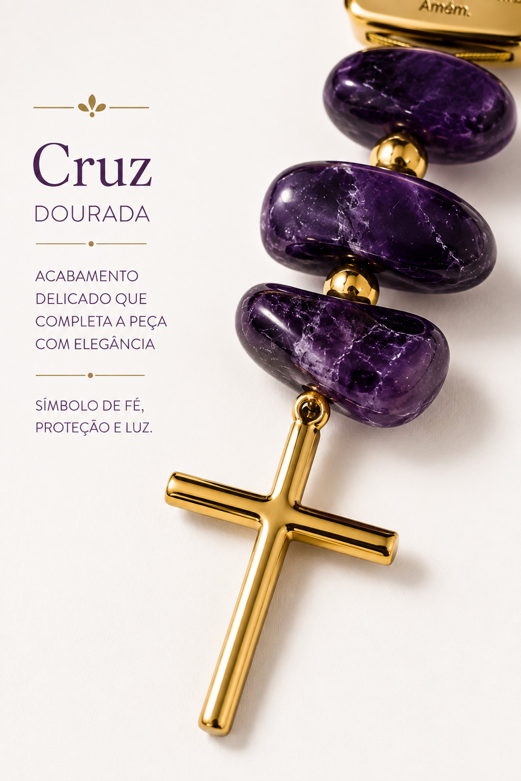 Terço Decorativo em Ametista Natural com Pai Nosso e Cruz Dourada – 28 cm