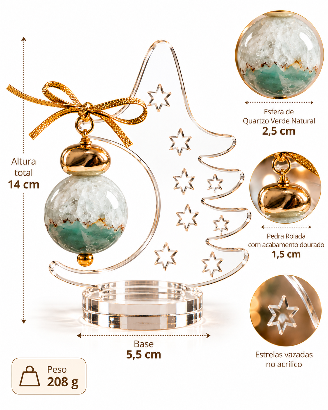 Árvore de Natal Decorativa em Acrílico com Esfera de Quartzo Verde – 14 cm