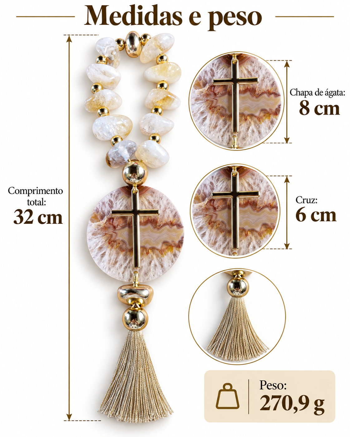 Terço Decorativo em Citrino com Chapa de Ágata Natural e Cruz Dourada 32 cm