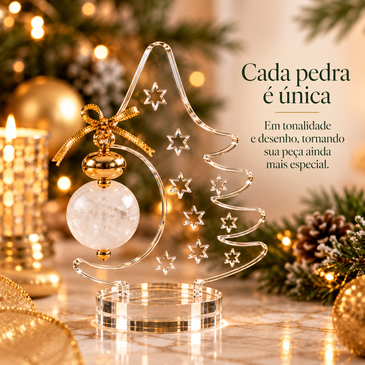 Árvore de Natal Decorativa em Acrílico com Esfera de Quartzo Branco Natural 14 cm