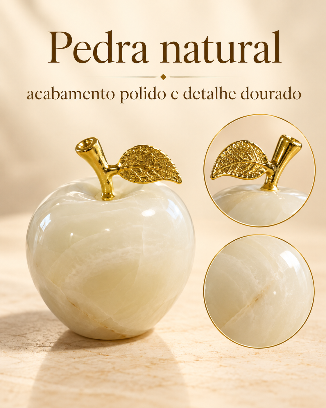 Maçã Decorativa Clara em Ônix Paquistanês Pedra Natural com Detalhe Dourado