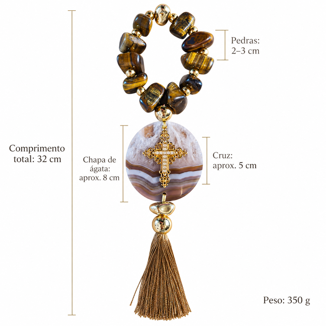 Terço Decorativo Olho de Tigre e Ágata Natural 32 cm
