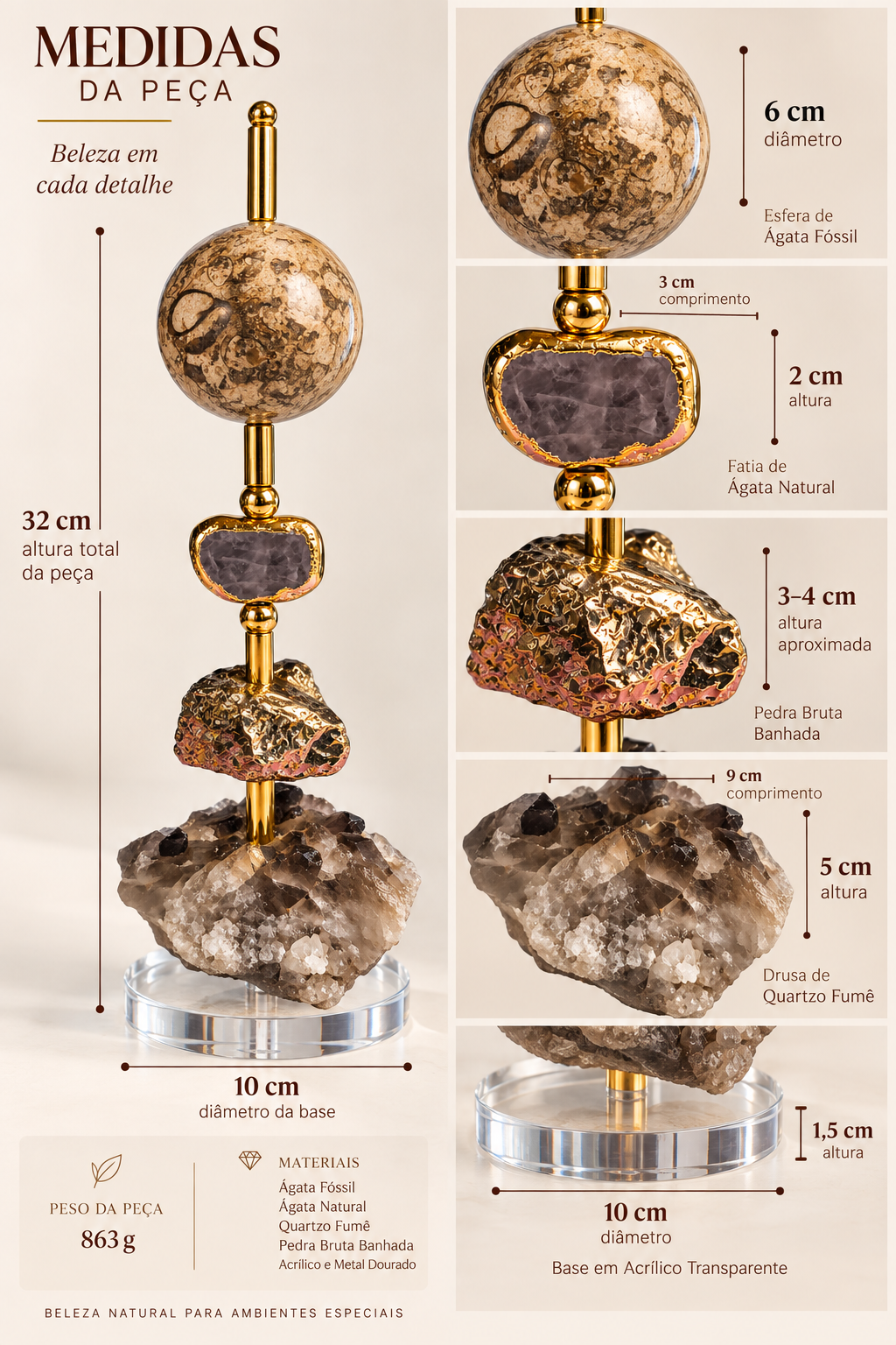 Escultura Decorativa em Ágata Fóssil e Quartzo Fumê com Detalhes Dourados – 32 cm