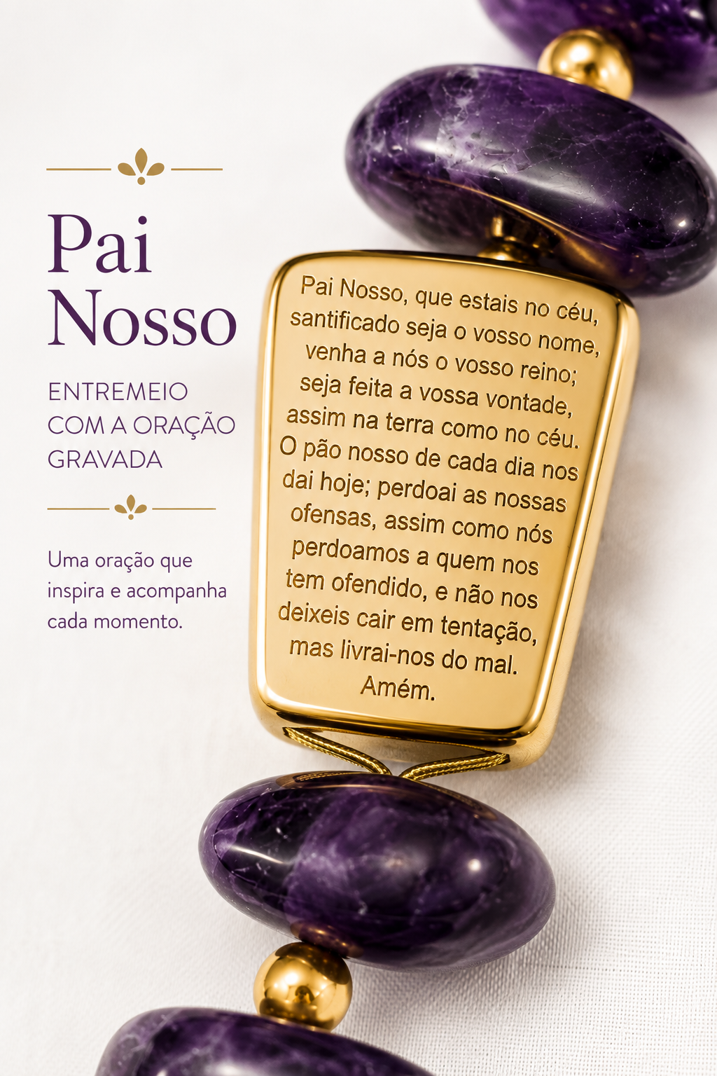 Terço Decorativo em Ametista Natural com Pai Nosso e Cruz Dourada – 28 cm