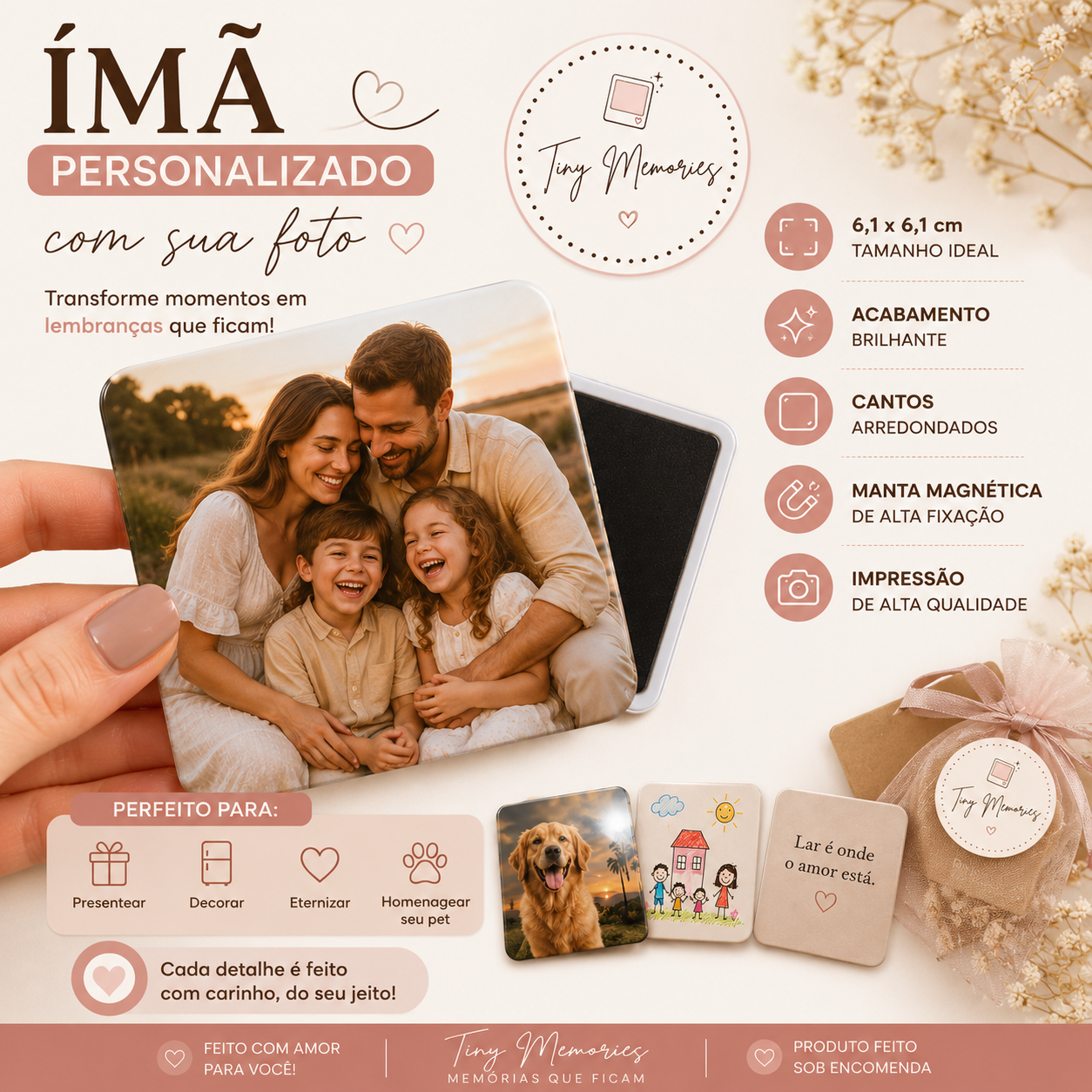 Kit 10 Unid. Ímãs e Bottons personalizados - Decoração afetiva