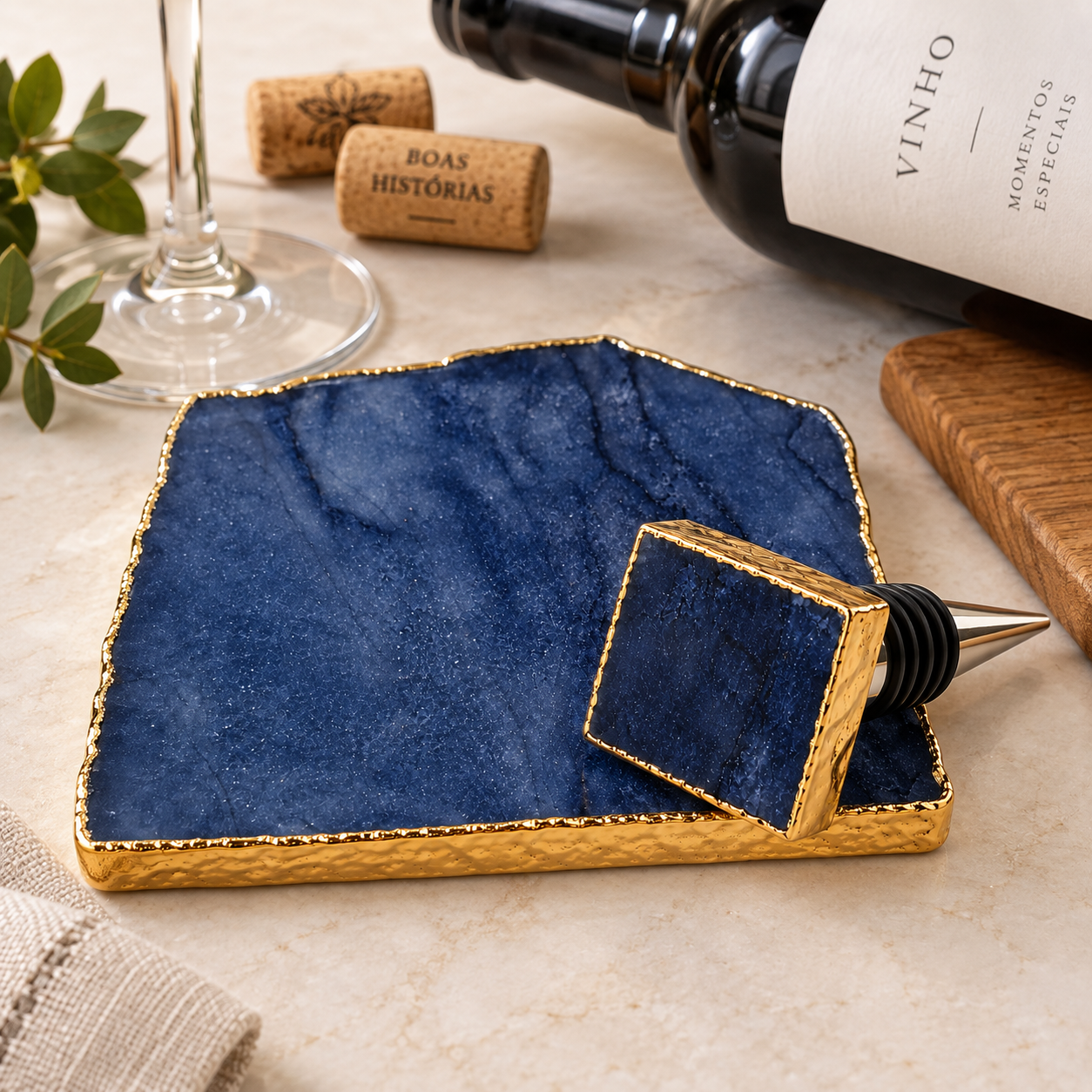 Kit Platter + Stopper em Ágata Azul Natural com Borda Dourada