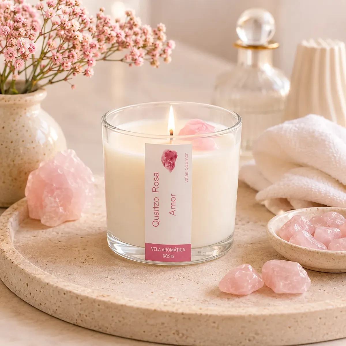 Vela Aromática Quartzo Rosa 180g Pedra Do Amor