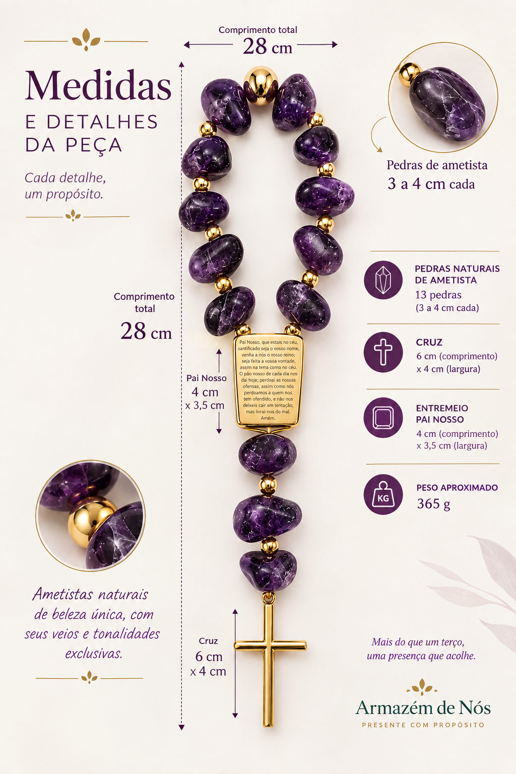 Terço Decorativo em Ametista Natural com Pai Nosso e Cruz Dourada – 28 cm