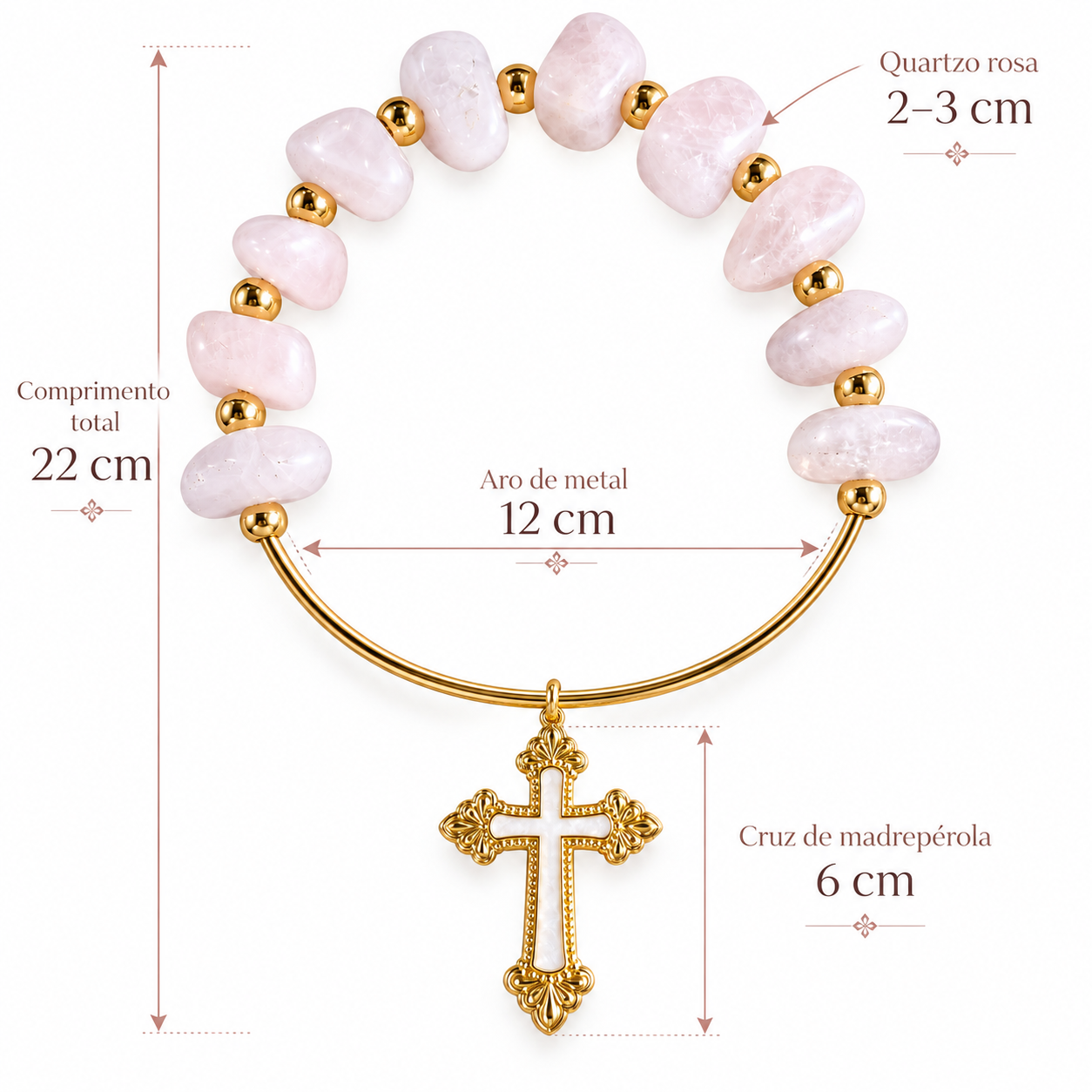 Terço Adorno Decorativo Quartzo Rosa com Cruz de Madrepérola