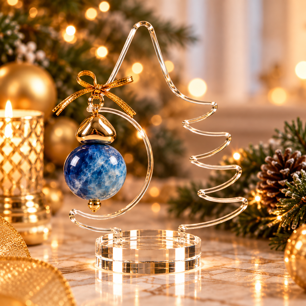 Árvore de Natal Decorativa em Acrílico com Esfera de Quartzo Azul – 14 cm